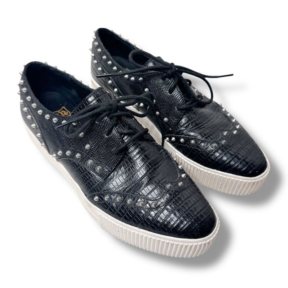 Ash Women's Black Leather Krush Platform Silver Spike Oxford Shoes Sneaker 37